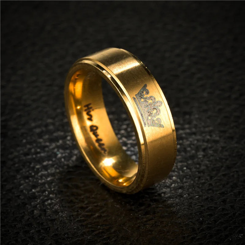 Gold Colour King Queen Crown Stainless Steel Couple Rings for Lovers Promise Men Women Valentine's Day Gifts
