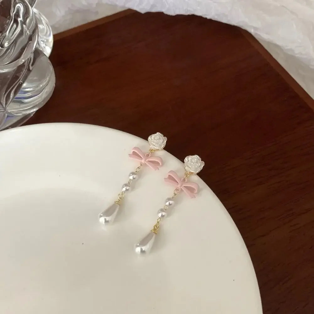 Fashion French Lovely Elegant Earring Vintage Mini Luxury Bow Heart Ear Stud Korean Style Pearl Earrings Women Drop Earrings