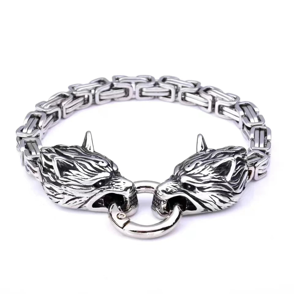 Nordic  Celtic Double Wolf Head Men's Stainless Steel Chain Bracelet Byzantine King Chain Punk Rock Party Jewelry