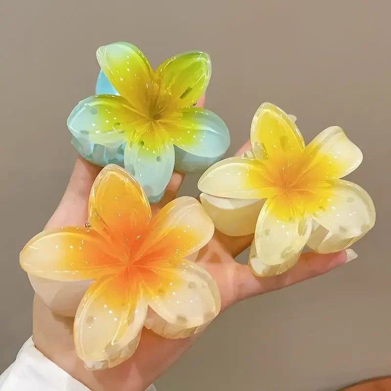 Hawaiian Flower Crab Hair Clips for Women Plumeria Barrettes Large Hair Claw for Thin/Thick Beach Hair Accessories for Girls 8cm