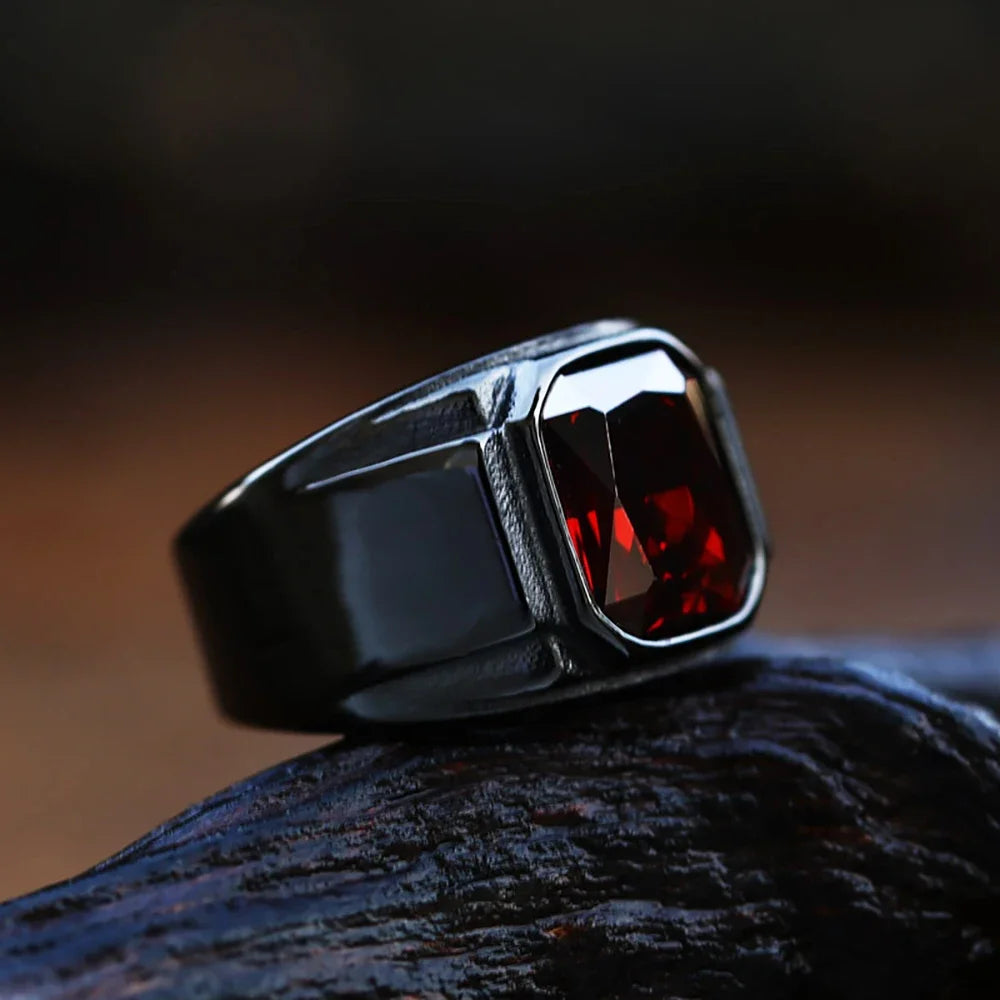 Punk Hip Hop Creative Design Square Black Red Stone Men's Ring Retro Simple 316L Stainless Steel Ring Jewelry Gift Wholesale