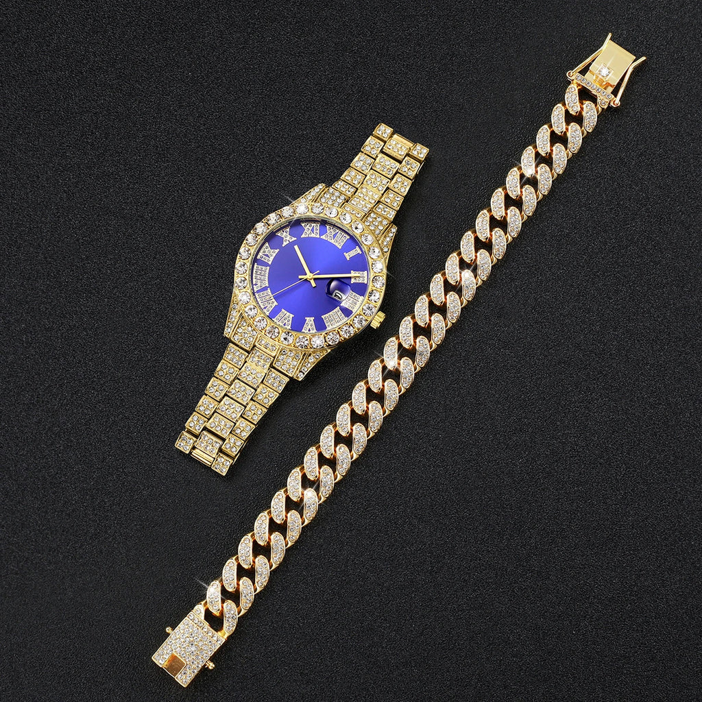 2PCS Luxury Rhinestone Men Watches Fashion Stainless Steel Band Male's Analog Quartz Watch Bracelet Set Relogios Masculino