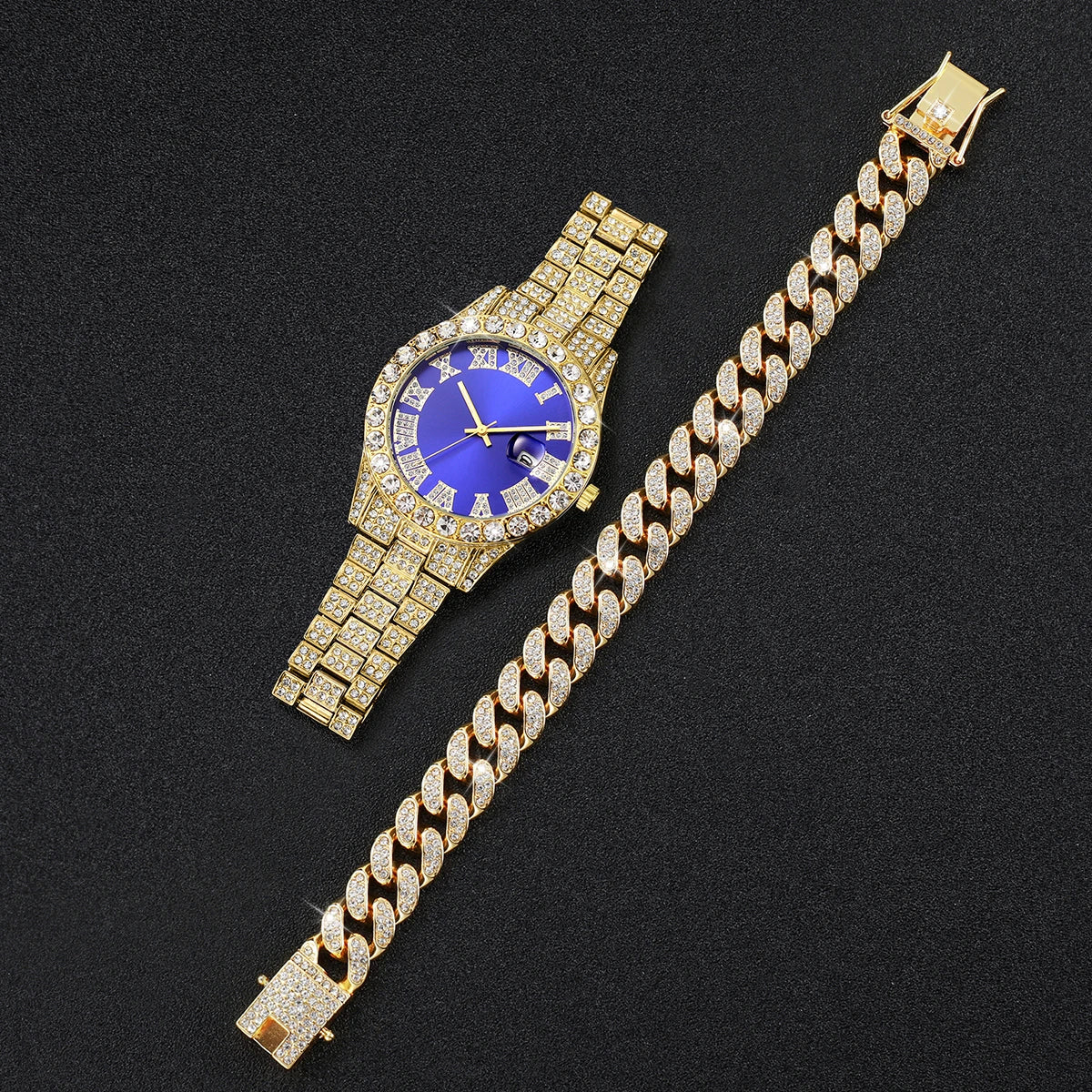 2PCS Luxury Rhinestone Men Watches Fashion Stainless Steel Band Male's Analog Quartz Watch Bracelet Set Relogios Masculino