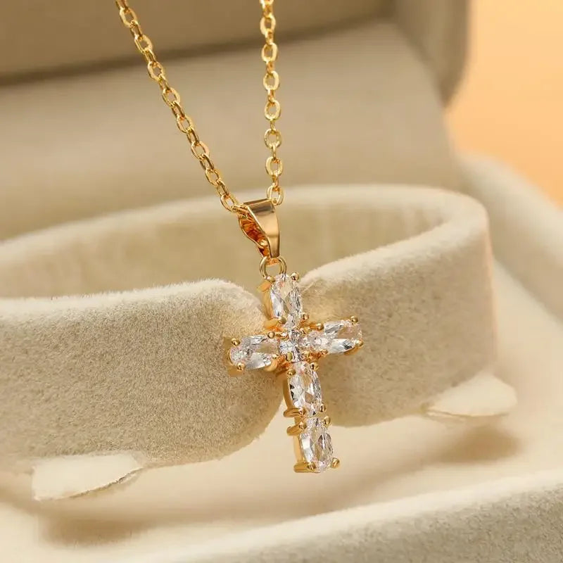 Catholic Jesus Cross Stainless Steel Pendant Necklace for Men Women Vintage Christian Prayer Jewelry