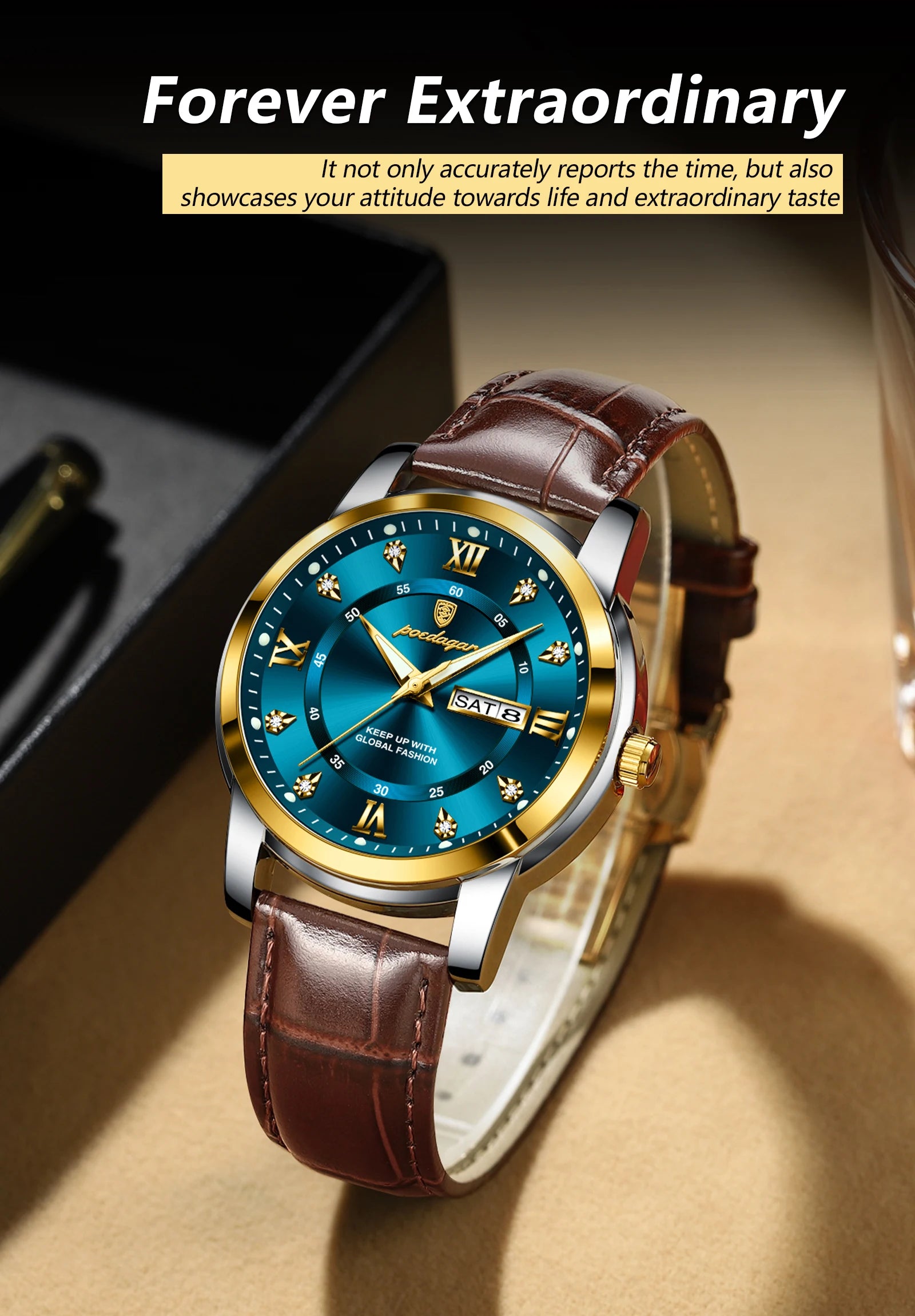 POEDAGAR Luxury Business Men Watch Waterproof Luminous Week Date Man Wristwatch High Quality Leather Sports Men's Quartz Watches