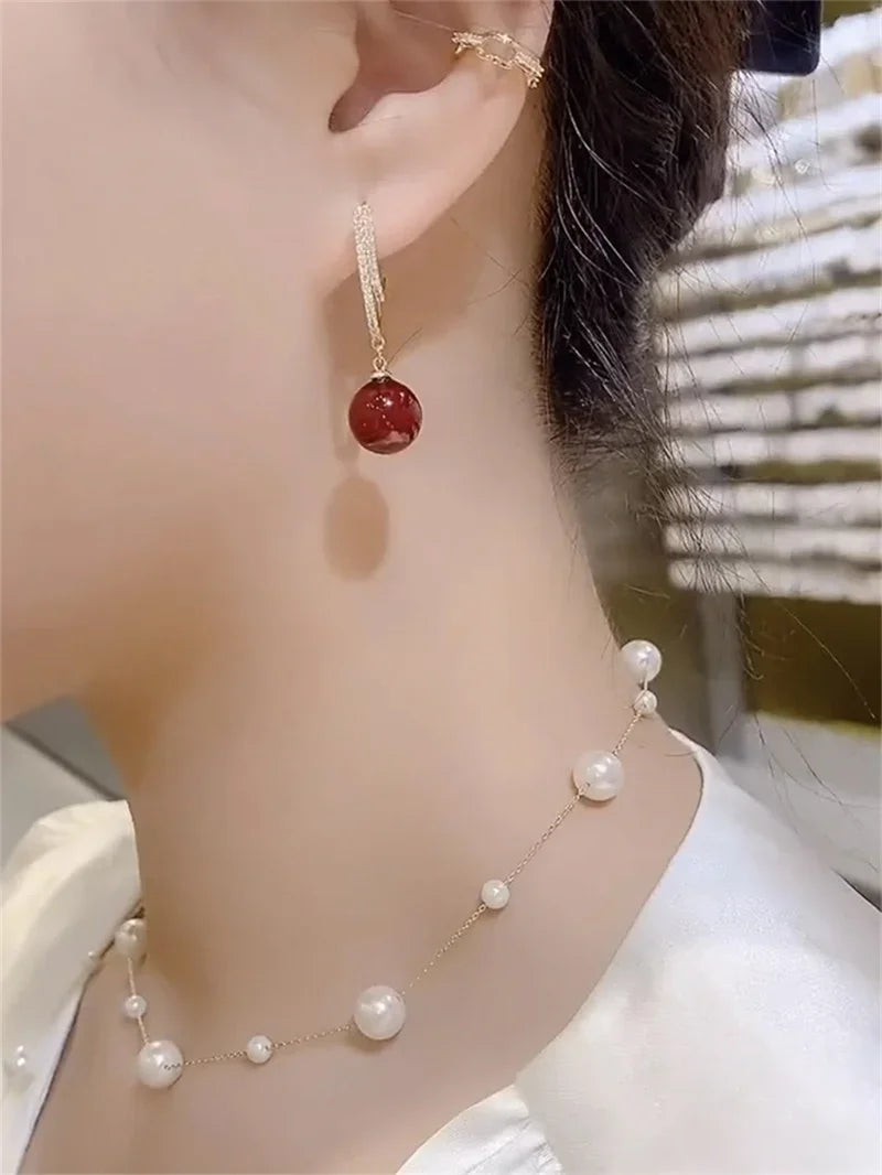Retro Red Simulated Pearl Dangle Earrings Korean Trendy Ball Bead Long Drop Earring  Ladies Fashion Jewelry Accessories