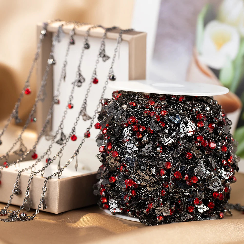 100CM 50CM Red Crystal Bead Charms Butterfly Pendants Gunblack Copper Chains For Jewelry Making DIY Necklaces Bracelets Chains