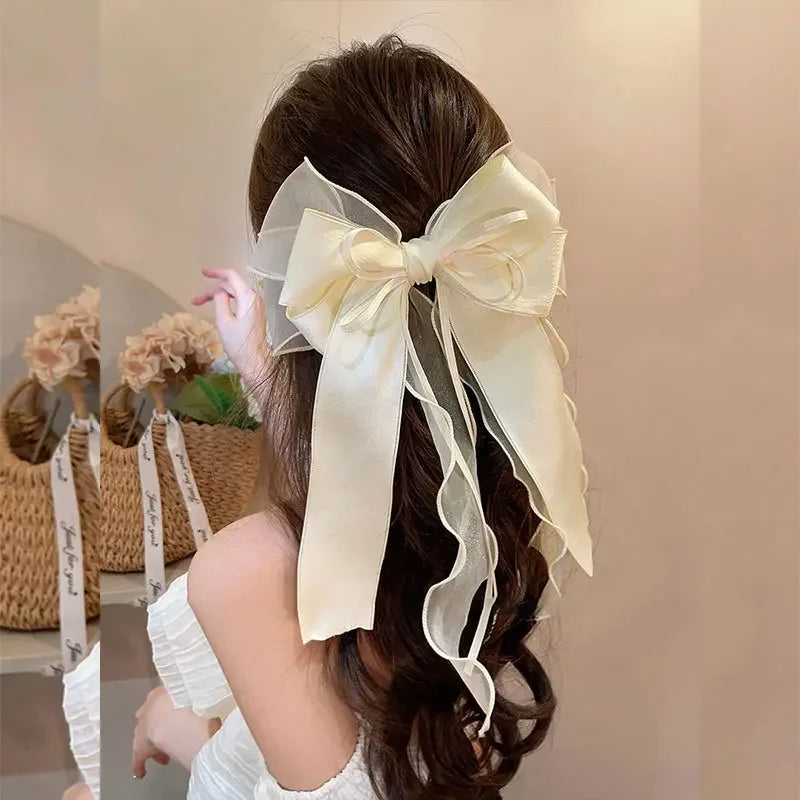 Pink Mesh Big Bow Hair Clip For Women Simple Ribbon Girls Elegant Spring Clip Headwear Korean Style Cute Bowknot Ponytail