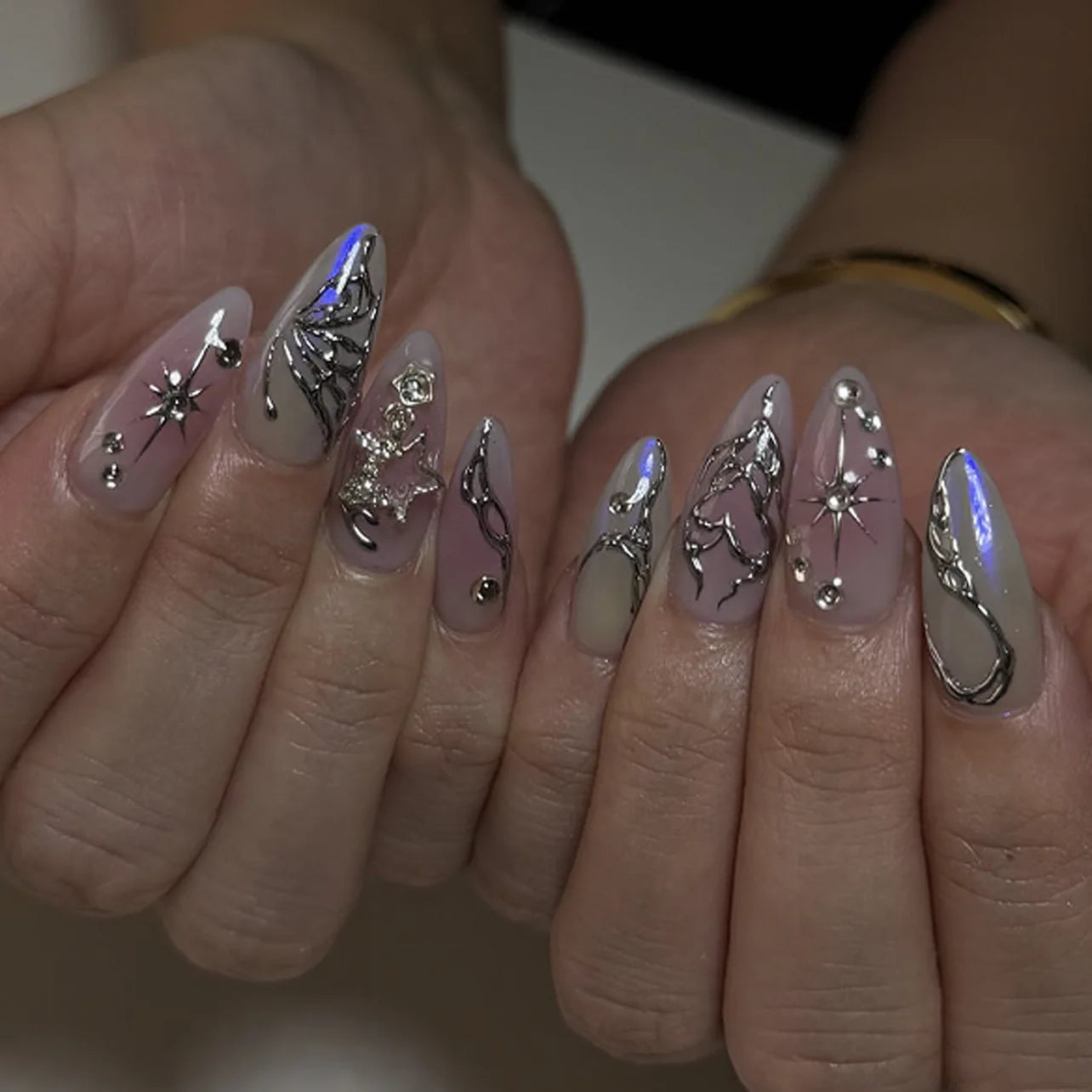 24pc Sweet Cool Hot Girl False Nail with glue Wearable black y2k pink diamond fake nails with designs press on nails Art Almond