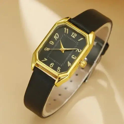 2024 New Leisure Fashion Leather Women's Business Square Quartz Watch Korean Rhinestone Jewelry Set Reloj Mujer Elegante