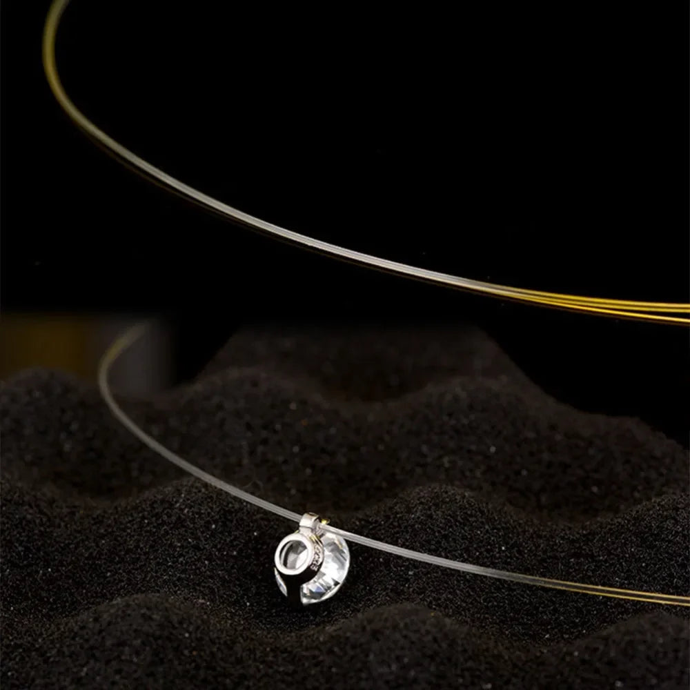 Transparent Fishing Line Invisible Pearl Zircon Necklace Simple Round Bead Choker Pendant Delicate Ladies Short Necklace Fashion