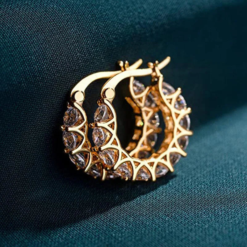 Luxury Fashion Full Zircon Shiny Gold Color Stainless Steel Hoop Earrings for Women Exquisite Green Crystal Korea Jewelry Gift