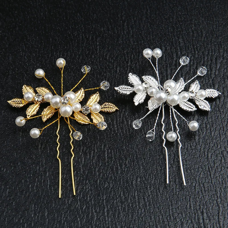 Pearl Flower Hairpin Side Comb Sets Wedding Hair Accessories Leaf Shaped Tiaras Bride Insert Hair Clip Jewelry Fashion Headwear