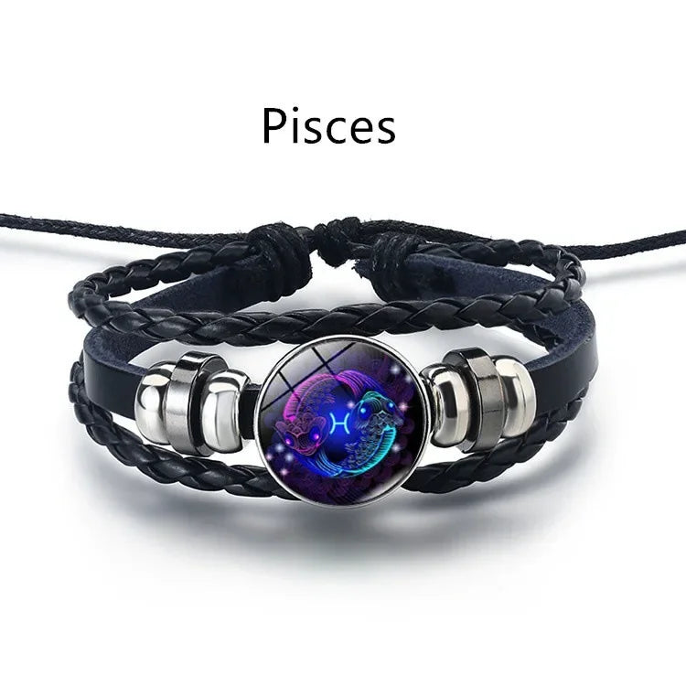 Gemini Leo Libra Scorpio Sagittarius 12 Constellation Luminous Bracelet Leather Bracelet Zodiac Charm Jewelry Bracelet for Men