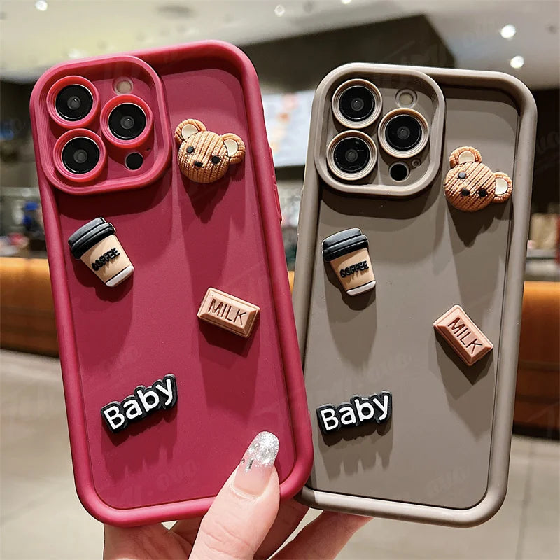 Coffee Bear Shockproof Soft Phone Case For iPhone 15 14 13 12 11 Pro Max X XR 7 8 Plus Candy Liquid Silicone Bumper Back Cover