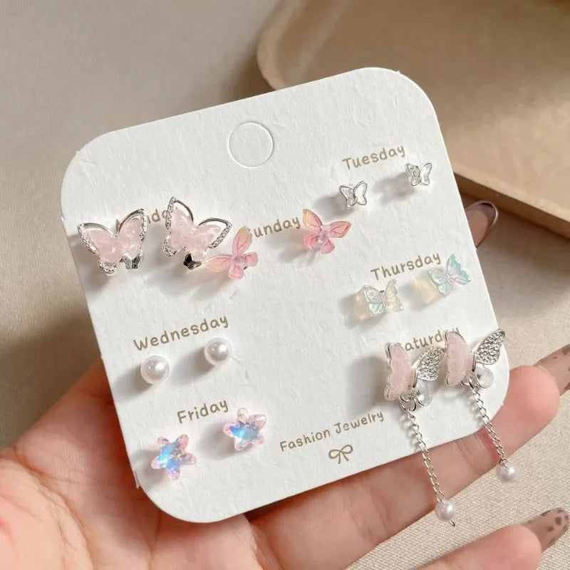 Cute 6/7Pair Set Butterfly Heart Stud Earrings for Women Girl Exquisite Party Dailywear Jewelry Birthday Gift Simple Accessories