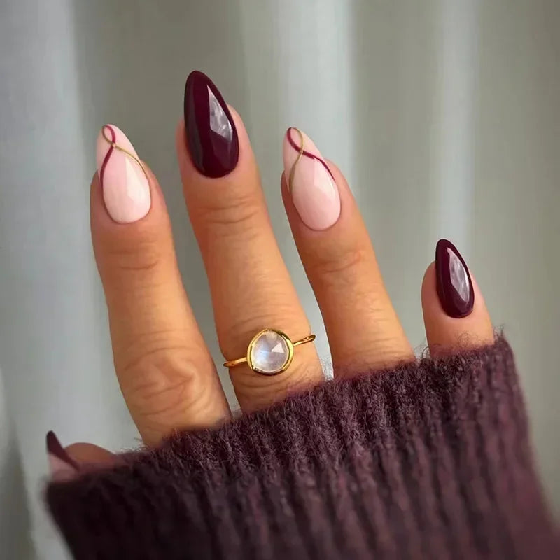 24pcs winter fall leaves brown black false nails with almond French artificial nails with glue short stiletto fake press on nail