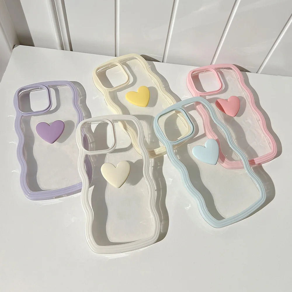 Wave Frame Cover For iPhone 15 11 14 12 13 Pro Max X XR XS Max 7 8 14 15 Plus SE 2020 2022 3D Love Heart Transparent Case Ccover