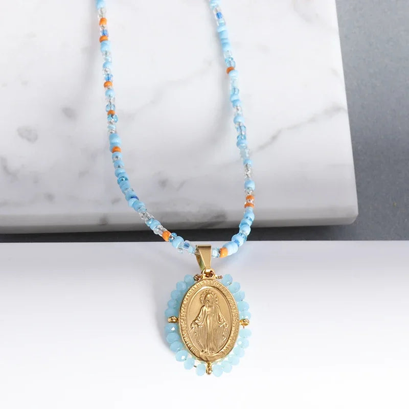 Beautiful Stainless Steel Catholic Virgin Mary Portrait Square Pendant Necklace for Men and Women Religious Catholic Jewelry