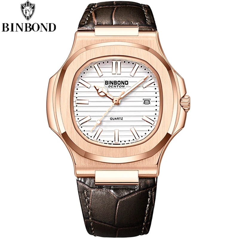 BINBOND Top Luxury Square Man Watch Date Waterproof Luminous Watch High Quality Leather Quartz Men's Watches Relogio Masculino