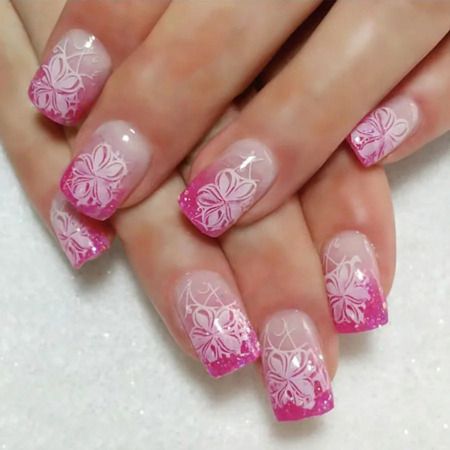 24pcs French Fake Nails Glitter Flower False Nails Short Square Press on Nails White Striped Nail Art for Colorful Spring Summer