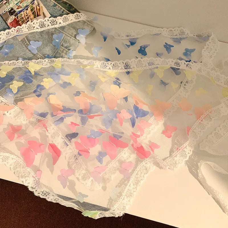 Dopamine Butterfly French Fairy Lace Triangle Headscarf Women's DIY Headwear Mesh Silk Scarf Hairband Summer Beach Accessories