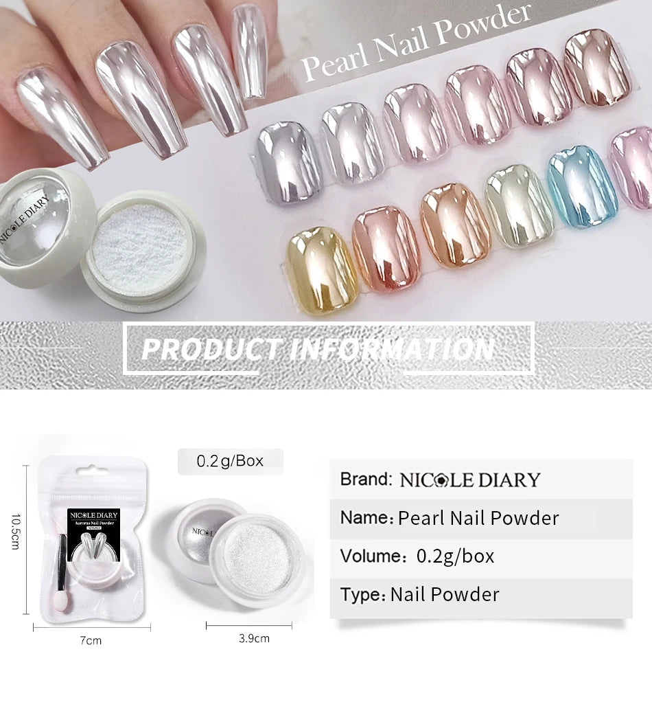 NICOLE DIARY Bright White Pearl Nail Powder Moonlight Plating Mirror Aurora Effect Pigments UV Gel Polish Chrome Dust Nail Decor