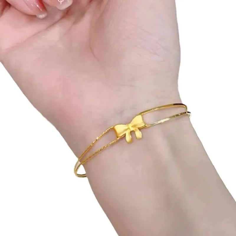Ladies' Bracelet Golden Butterfly Double Layered Exquisite Unique Stainless Steel Bracelet Simple Pearl Decoration Fashionable