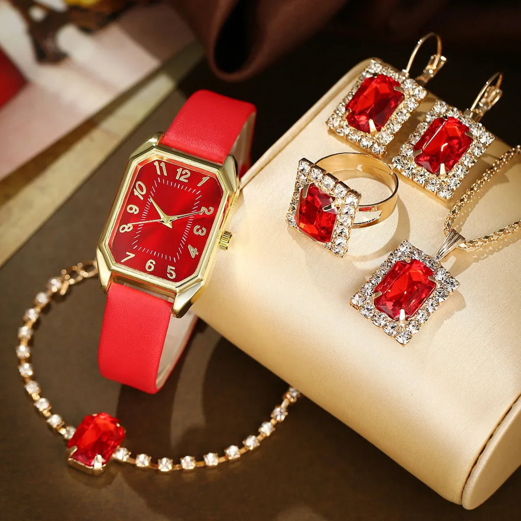 2024 New Leisure Fashion Leather Women's Business Square Quartz Watch Korean Rhinestone Jewelry Set Reloj Mujer Elegante
