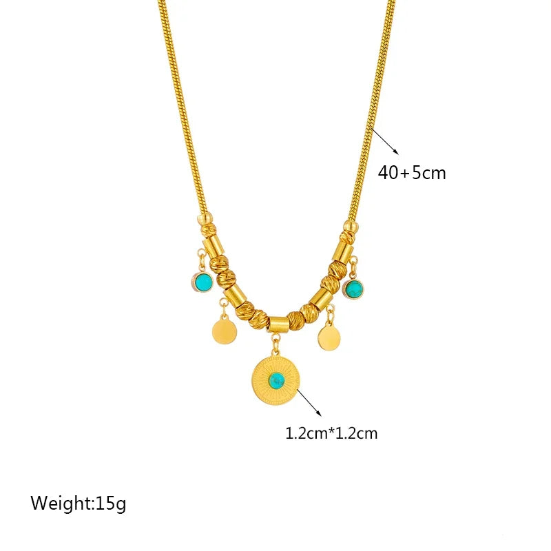 Stainless Steel Gold Color Round Green Stone Pendant Necklace For Women Vintage Ethnic Girls Chain Jewelry Gifts