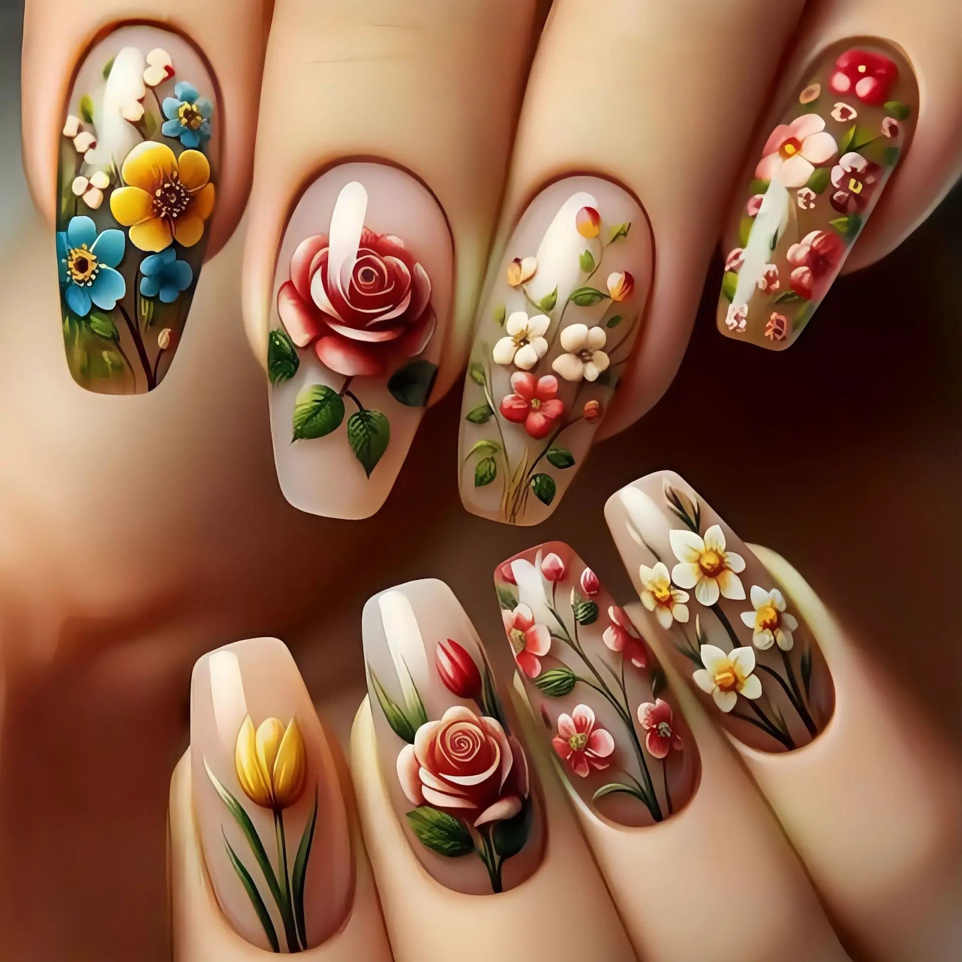 24pcs Mini Flower Press on Nails with Glue Painting Floral Acrylic Fake Nails Spring Design Short Square False Nails for Girls
