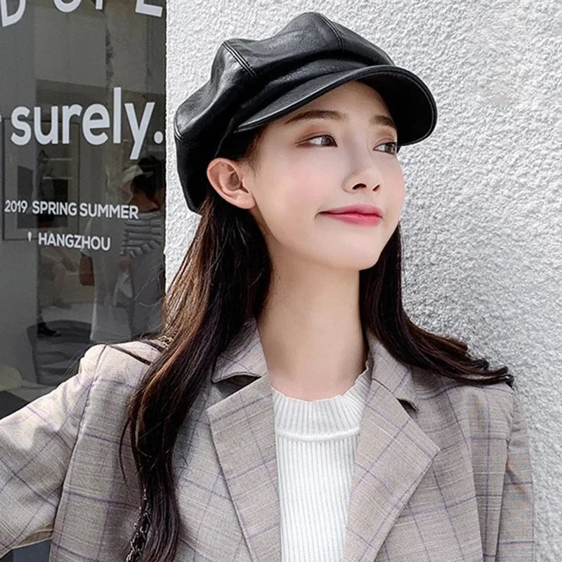 8 Panels Newsboy Caps for Women PU Leather Cabbie Painter Hat Gatsby Ivy Beret Cap
