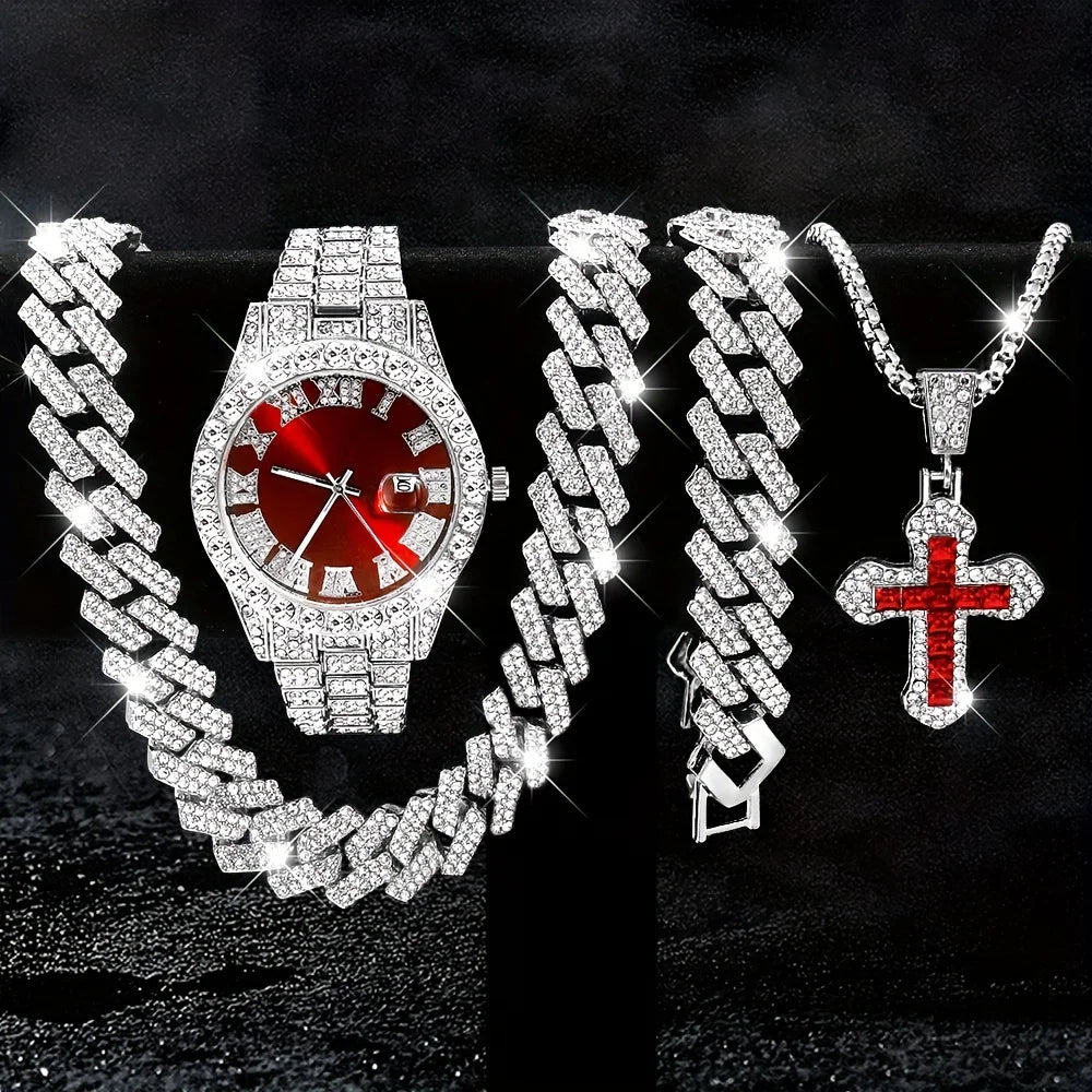 4Pcs/Set Personalized Handsome Hip Hop Men's Quartz Watch Set, 1Pcs Watch+3Pcs Jewelry Set, Fashionable Men's Selected Watch Set
