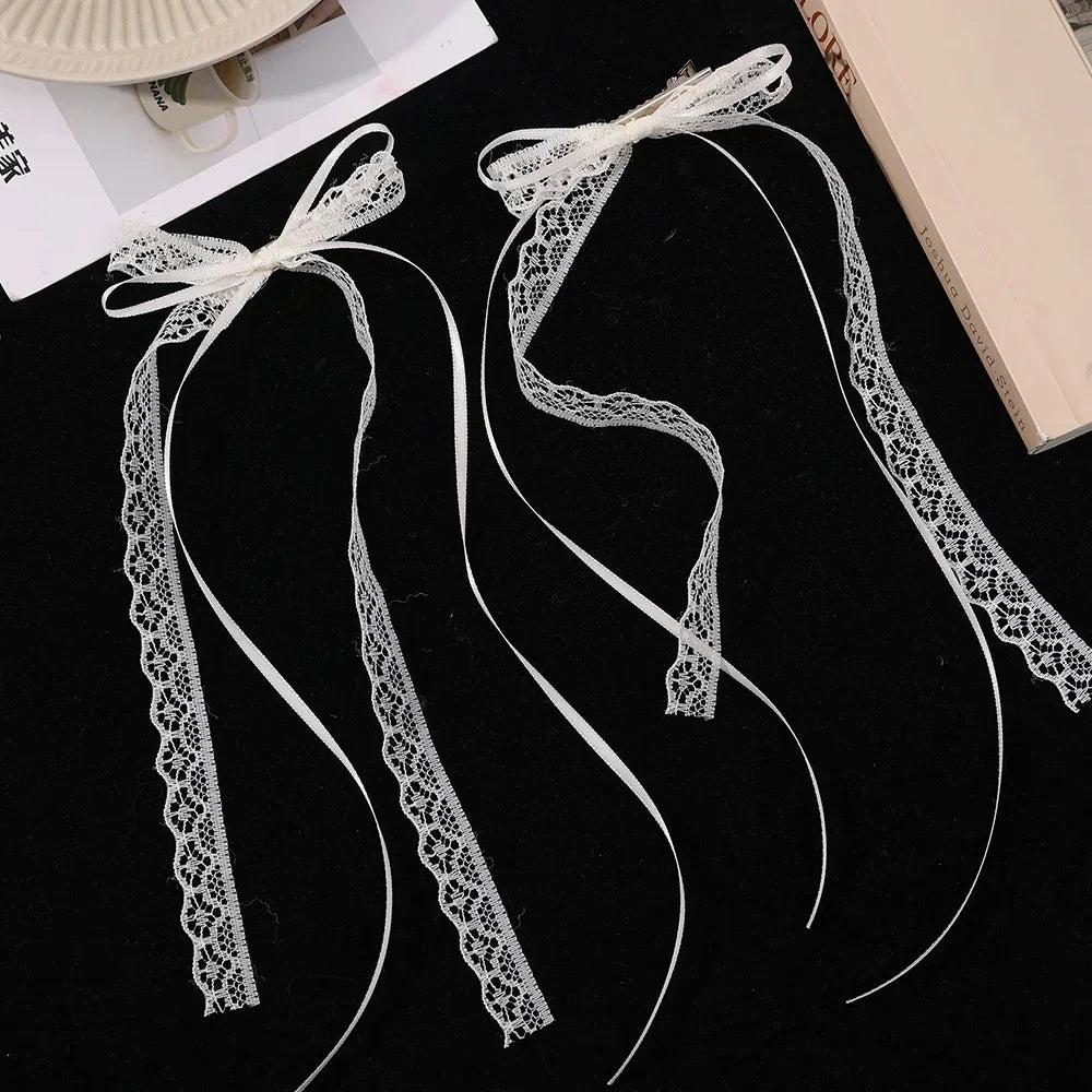 2pcs Korean Fashion Lace Bow Hairpin Women Girls Ribbon Hair Clips White Long Ribbon Bow Top Clip Female Hair Accessories Gifts