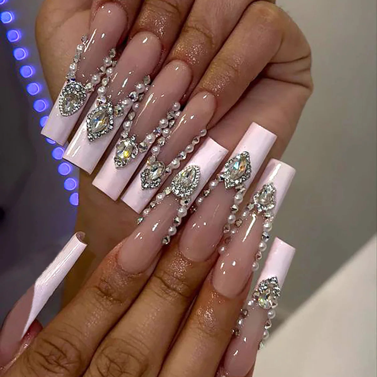 24Pcs Sweet Cool Spice Girl Press on Nails Black French Bow False Nails Y2k Star Glitter Diamond Nail Long Square Gel Fake Nails