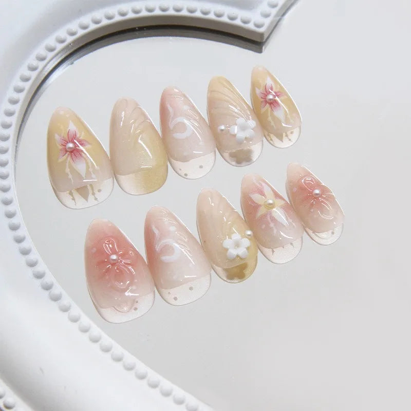 24Pcs 3D Flower Almond Nail Set Press on Nails with 3D Wave Drill False Nails French Tip Full Cover Artificial Nails Art Tips