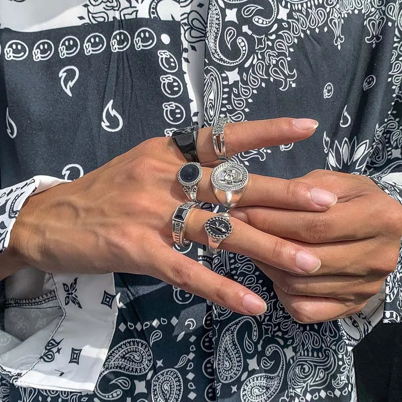 6Pcs/Set Vintage Silver Color Skeleton Skull Rings Set For Men Women Punk Gothic Metal Geometric Knuckle Ring Jewelry Anillos
