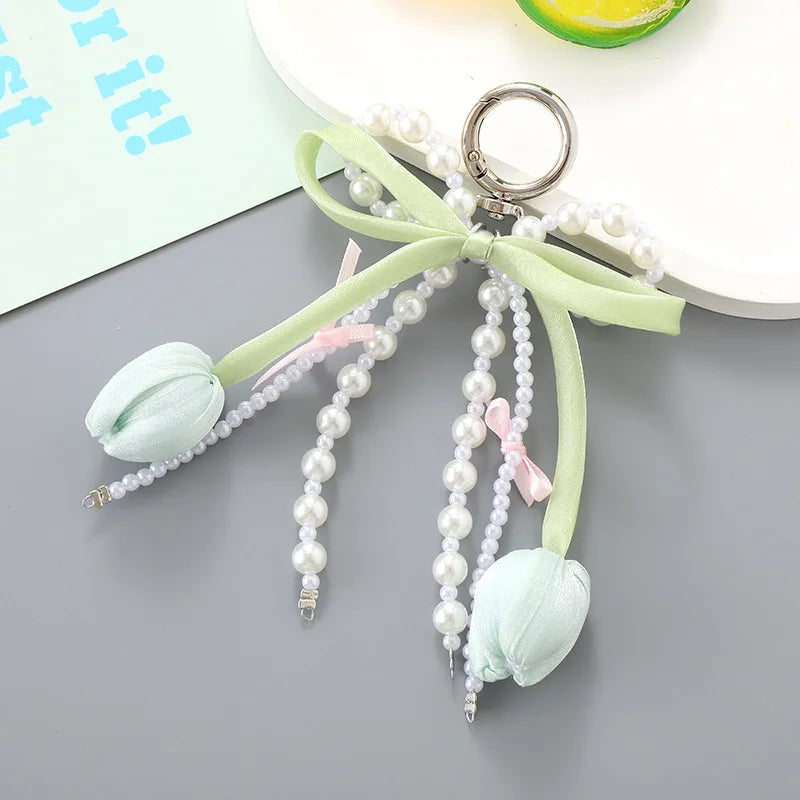 Blue Pink Lattice Ribbon Keychains Bowknot Pearls Heart Bag Pendant Elegant Beaded Keyring Y2k Sweet Korea Jewelry Accessories
