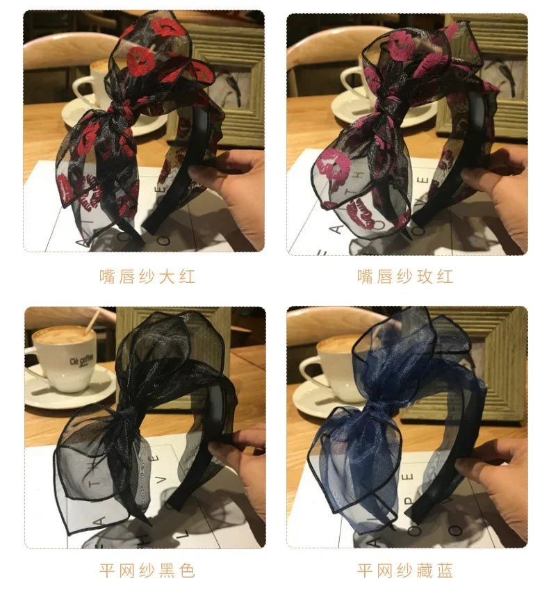 Bow Hairband Black Mesh Headband for Women Korean Fashion Double Layers Headbands with Lips Print Ladies Hair Accessories