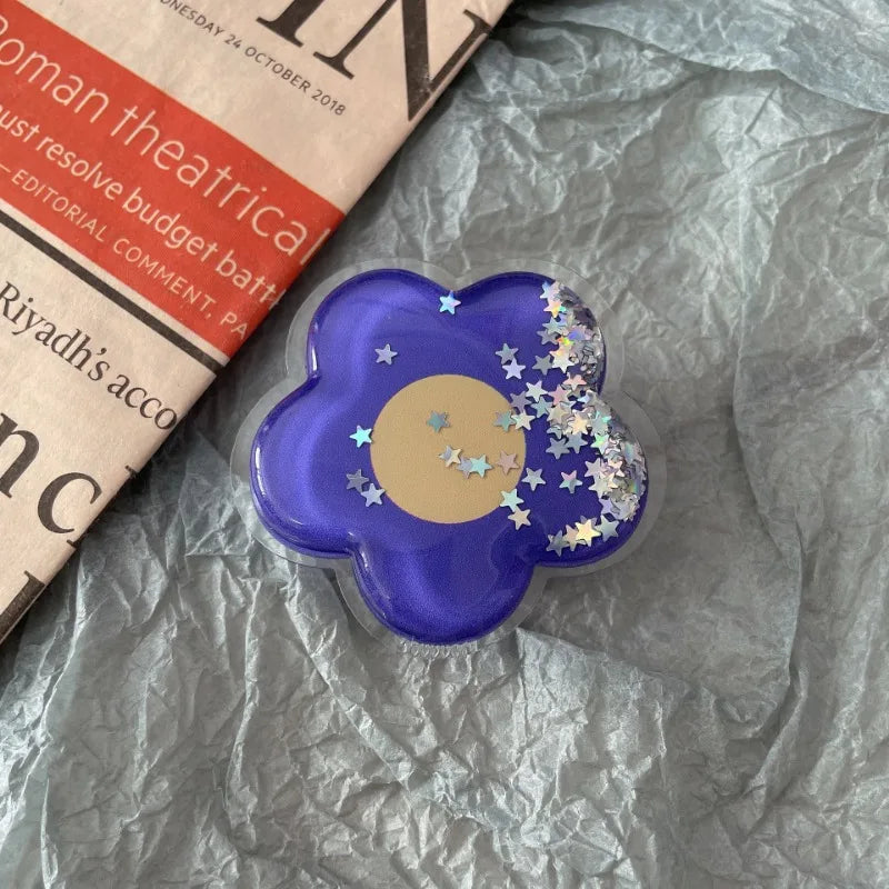 Cartoon Glitter Flowers Liquid Quicksand Phone Grip Stand Holder For iPhone Samsung Huawei Xiaomi Universal Finger Ring Bracket