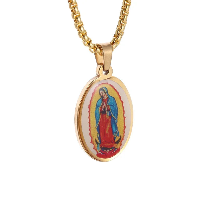 Beautiful Stainless Steel Catholic Virgin Mary Portrait Square Pendant Necklace for Men and Women Religious Catholic Jewelry