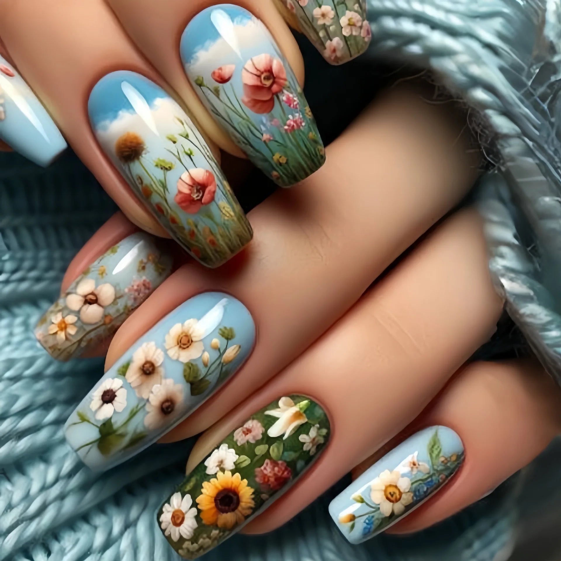 24pcs Mini Flower Press on Nails with Glue Painting Floral Acrylic Fake Nails Spring Design Short Square False Nails for Girls