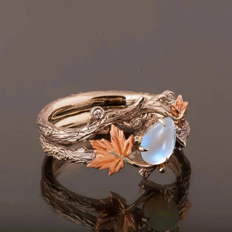 Vintage Antique Gold Twig Maple Leaf Moonstone Ring for Women Girls Light Luxury Ring Jewelry Accessories Anniversary Gifts