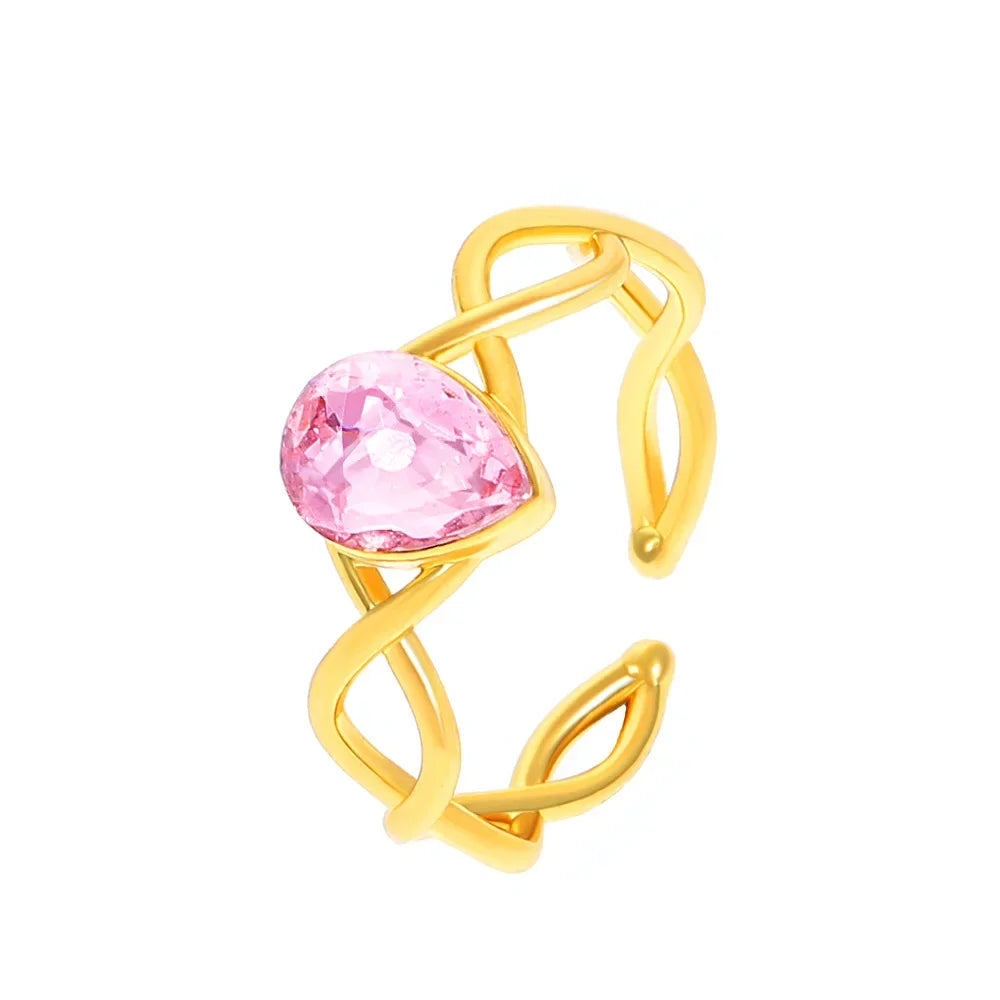 Princess Pink Crystal Rings for Woman Girls Fairy Water Drop Open Ring Fashion Party Wedding Jewelry Gift Sweet Finger Rings