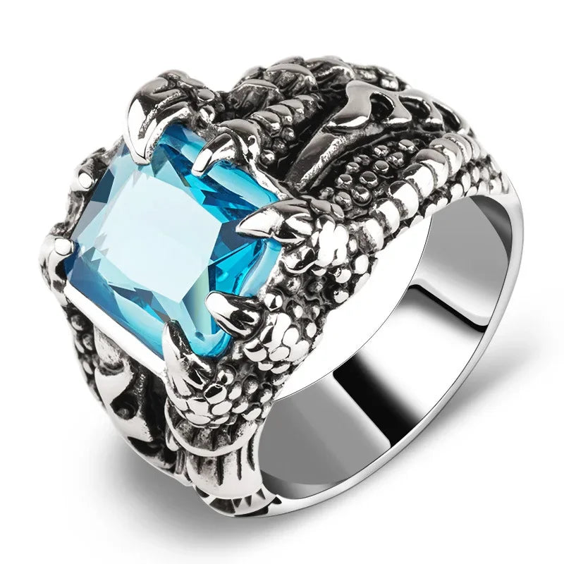 Gothic Blue and Red Crystal Evil Demon Dragon Claw Ring for Men Gram Biker Punk Rock Hip Hop Cool Jewelry Accessories