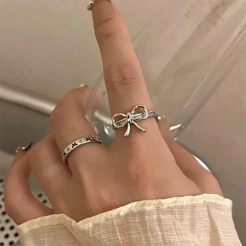 1/7PCS Simple Fashion Retro Bow Adjustable Finger Rings Personality Bowknot Rings Women Jewelry