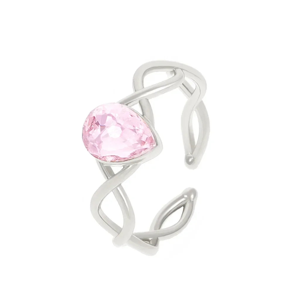 Princess Pink Crystal Rings for Woman Girls Fairy Water Drop Open Ring Fashion Party Wedding Jewelry Gift Sweet Finger Rings