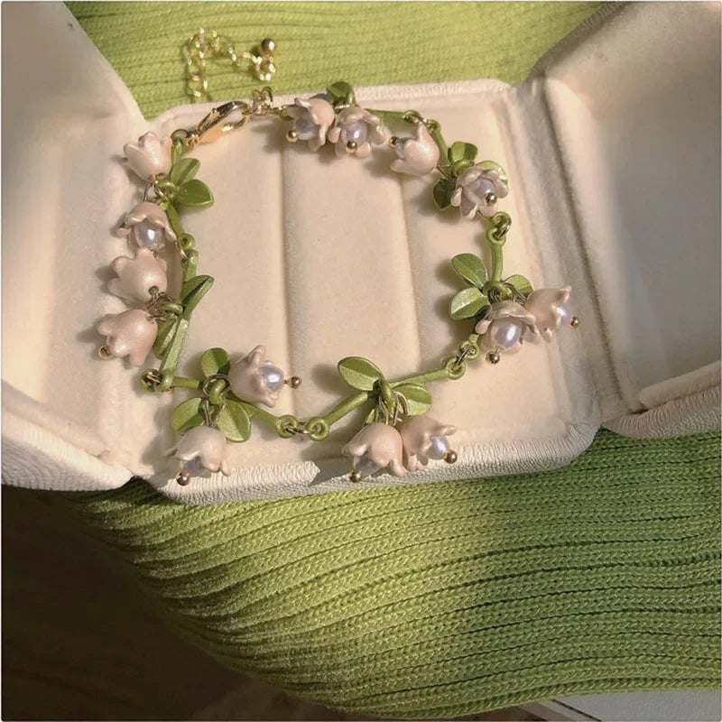 White Lily Of The Valley Bracelet Earrings Necklace Set Super Fairy Stud Earrings Girls Clavicle Chain Flower Jewelry Gifts