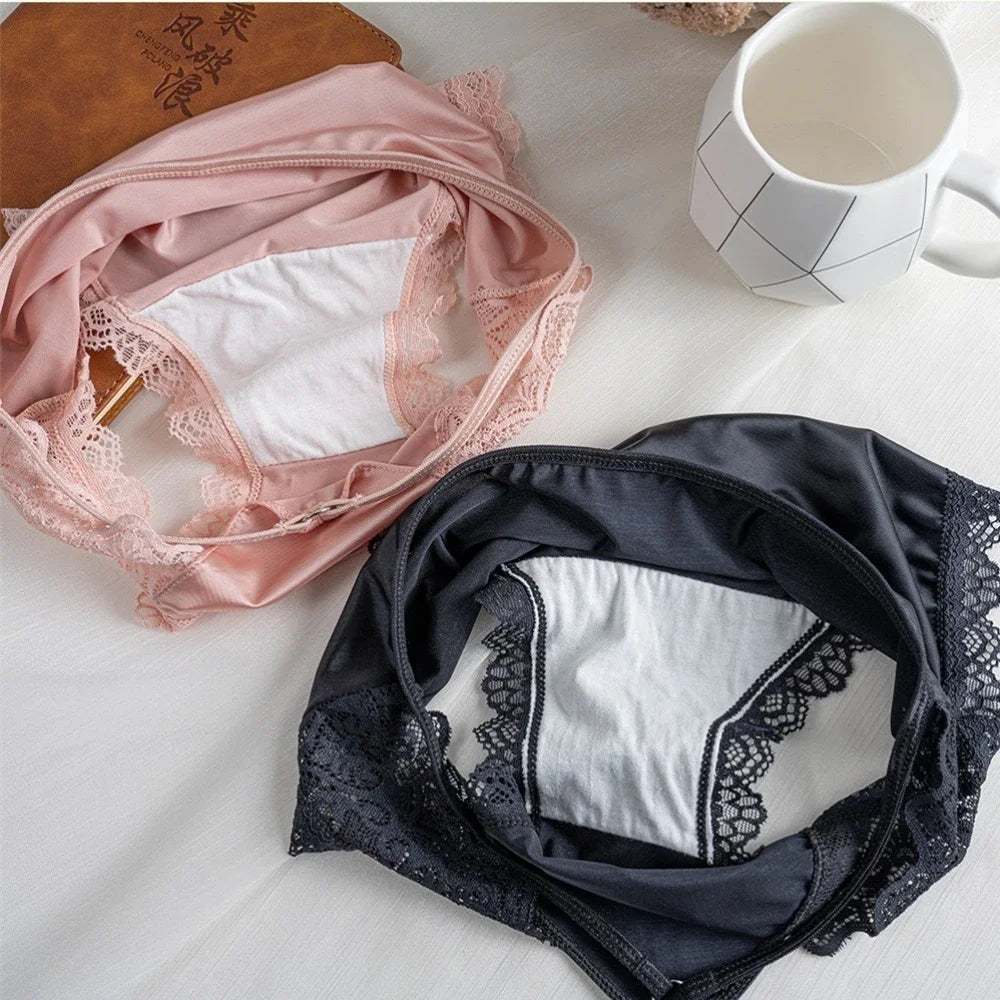 High-quality Satin Panties Soild Color Breathable Underwear Women French Sexy Lace Bow Lingerie Mid-waist Thin Mesh Briefs 도매