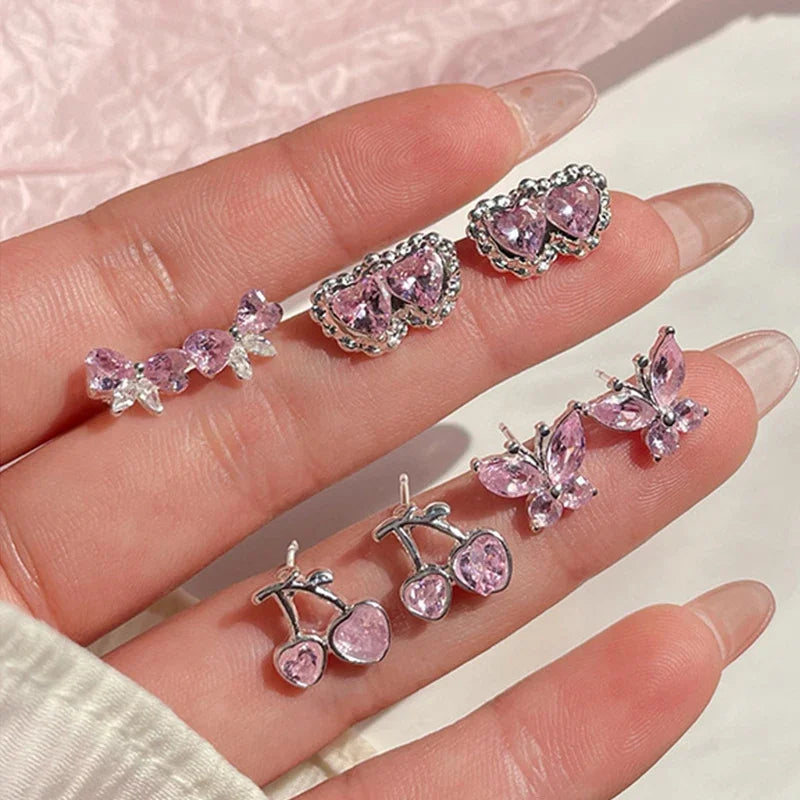 Cute 6/7Pair Set Butterfly Heart Stud Earrings for Women Girl Exquisite Party Dailywear Jewelry Birthday Gift Simple Accessories
